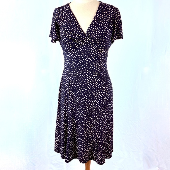Chaps Navy Blue with Polka Dots Dress S Cap Sleeves A-Line Career Jersey - Picture 1 of 12